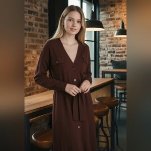 ZARA Long Knit Jacket Cardigan Size Medium Brown Academia Old‎ Money Minimalist